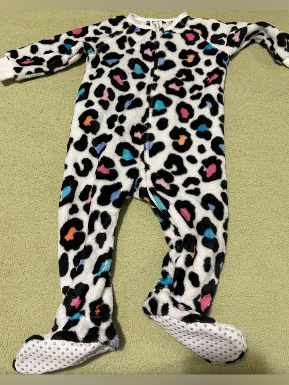 Kids Fleece One-Piece Pajamas - White Leopard Print with Multicolor Spots
